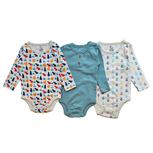 100% cotton 3-pack long sleeve bodysuit set