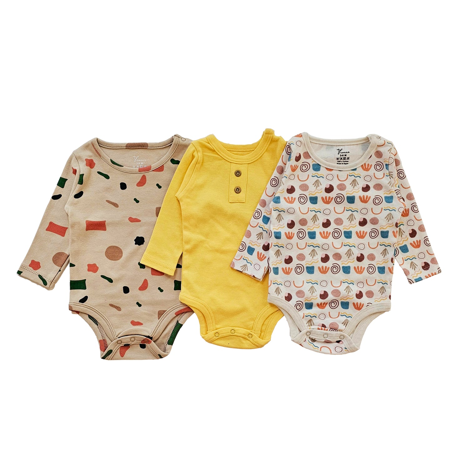 100% cotton 3-pack long sleeve bodysuit set